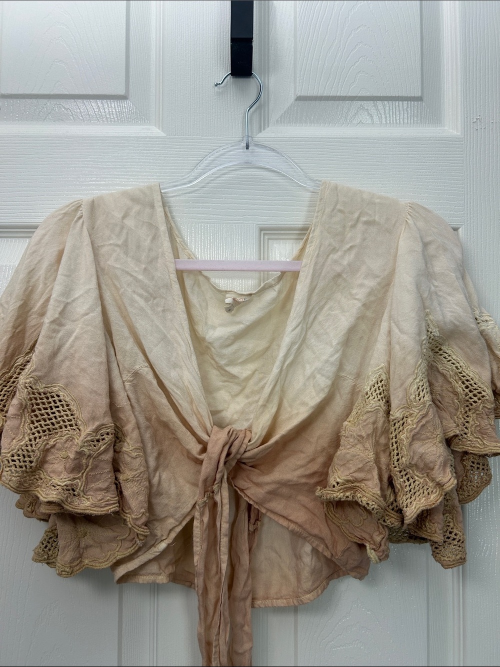 Surf Gypsy Cream and Tan Tie-Front Crochet Sleeve Shrug